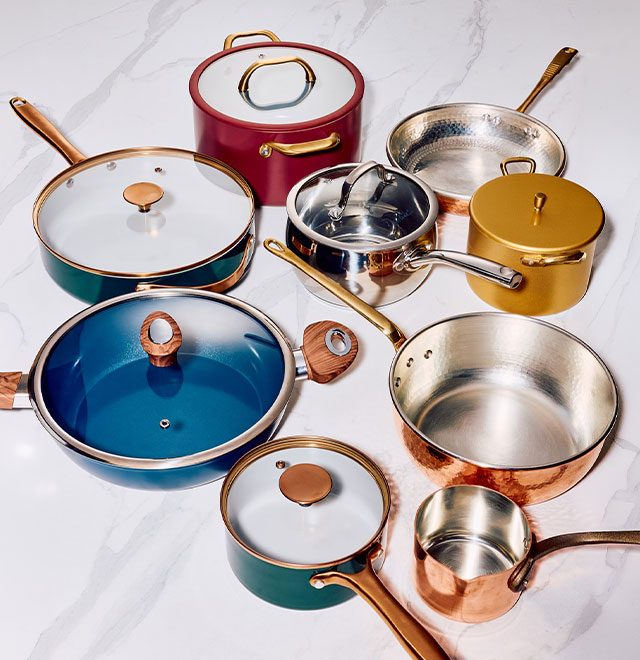 Assortment of stainless steel & cast-iron cookware.