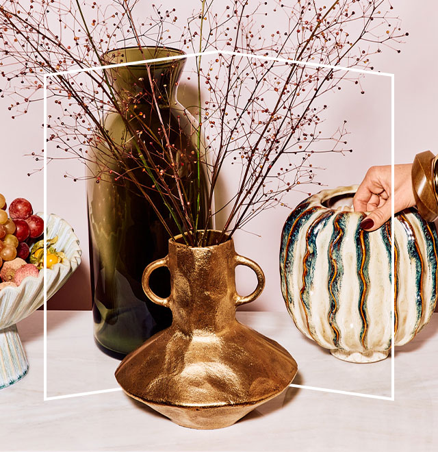 Stylish, textured vases in different styles & faux florals.