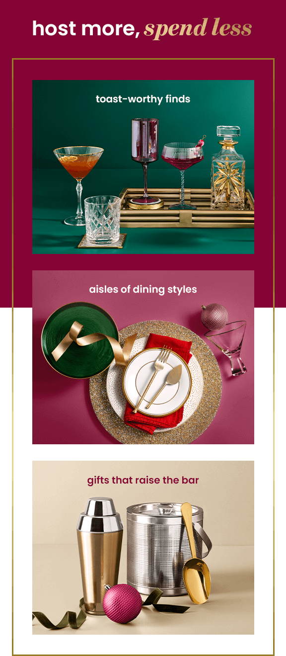 Cocktial glasses in various styles, holiday dinnerware, a cocktail shaker & metallic ice bucket.