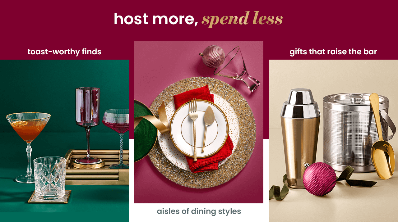 Cocktial glasses in various styles, holiday dinnerware, a cocktail shaker & metallic ice bucket.